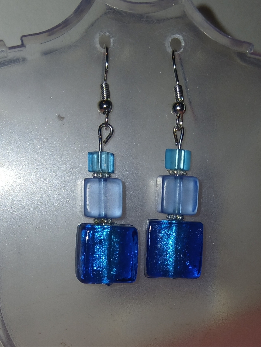 Hand Crafted Blue Glass Cube Dangle Earrings